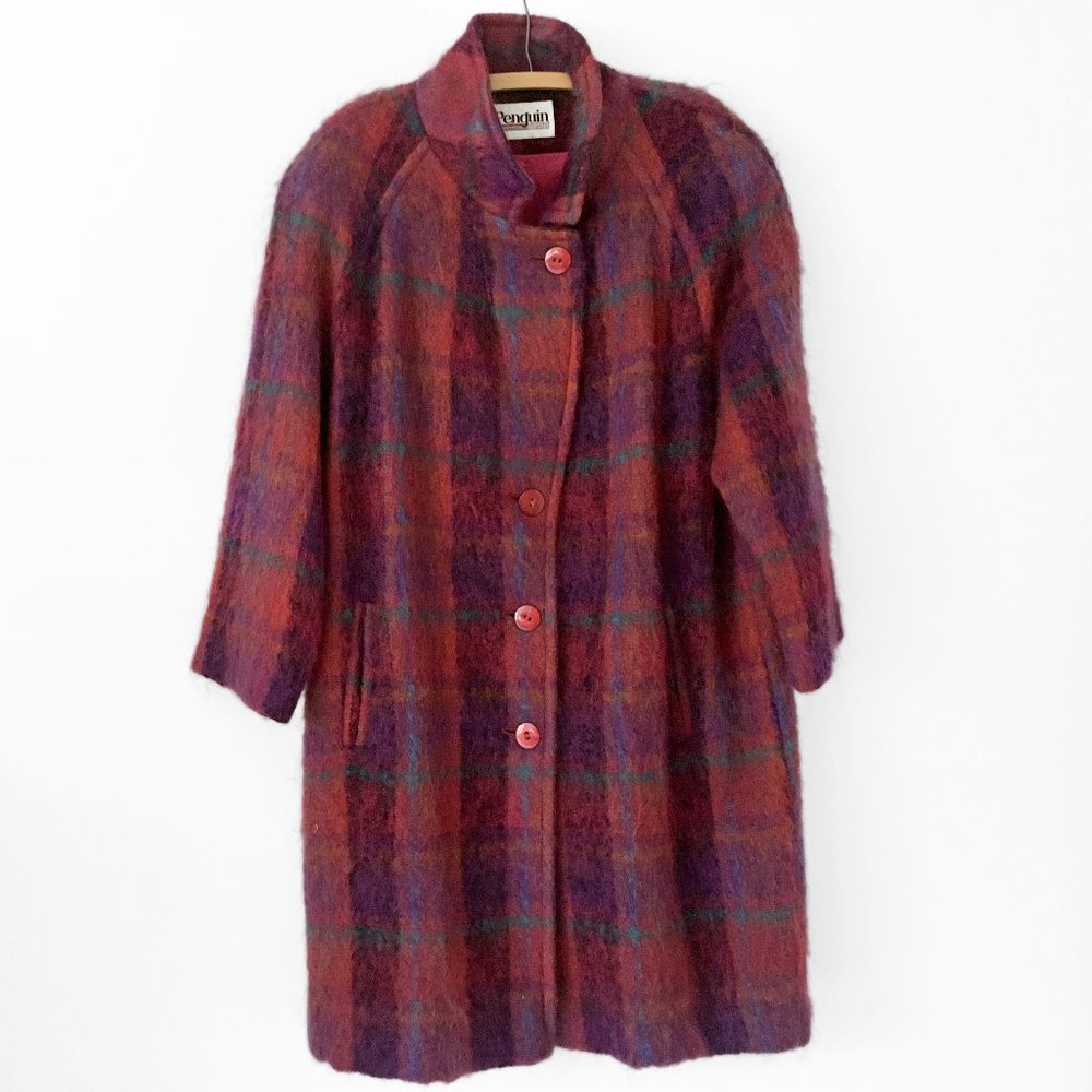 80s Plaid MOHAIR Coat in Berry, Plum & Turquoise, Long Winter Jacket